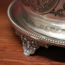 Load image into Gallery viewer, x SOLD Antique Silver Plate Biscuit Barrel Lift Lid Embossed Body Antique Lidded Vessel. B11244
