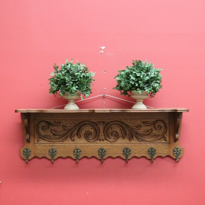 Vintage French Oak and Brass Hook Coat Rack, Hat Scarf Rack with Plate Rack 1 of 2 B10305
