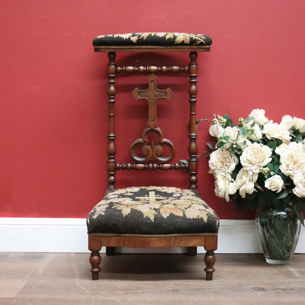 x SOLD Antique French Prayer Chair, Home Worship Kneeler for Prayer. Tapestry Seat Rest B11190