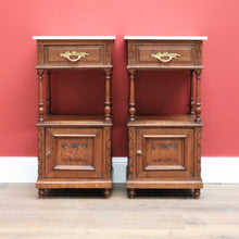 Load image into Gallery viewer, x SOLD Pair of Bedside Tables Cabinets, Lamp Side Tables Antique French Oak and Marble. B10557
