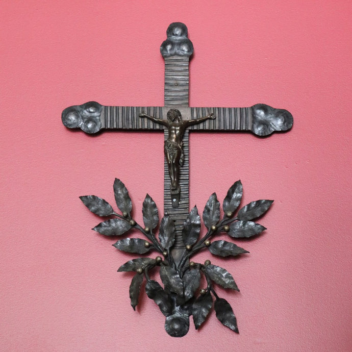 Vintage French Cross Crucifix, Brass Church Cross, Crown of Thorns Jesus B10636