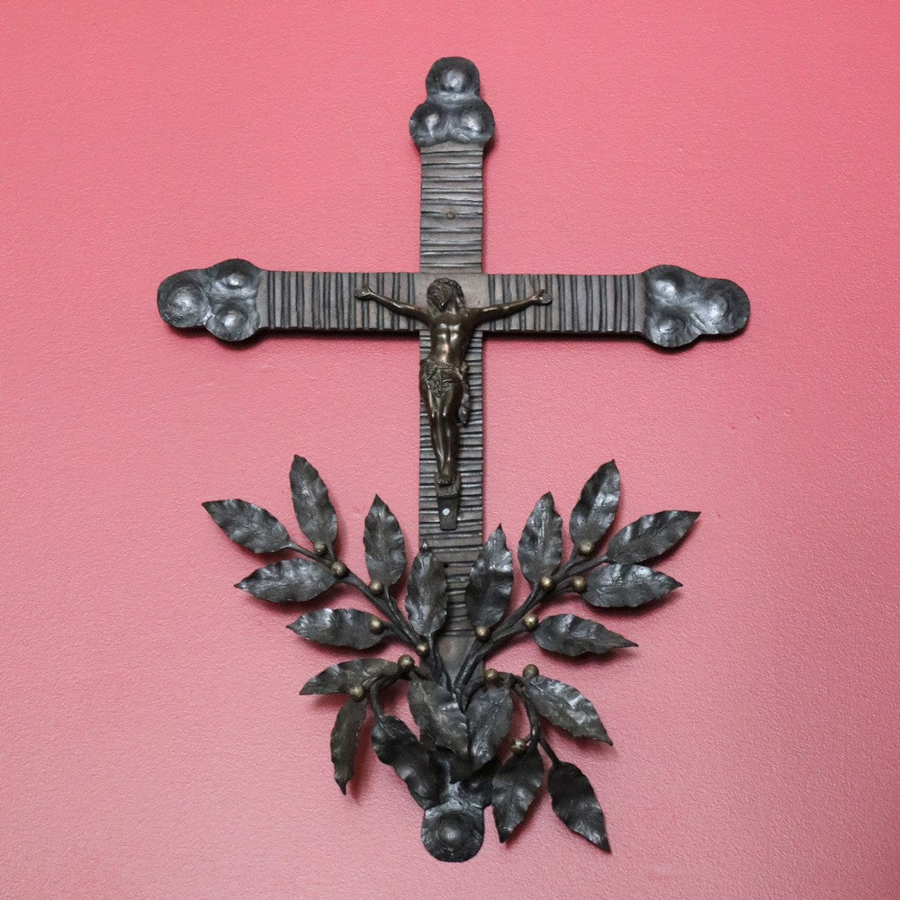 Vintage French Cross Crucifix, Brass Church Cross, Crown of Thorns Jesus B10636
