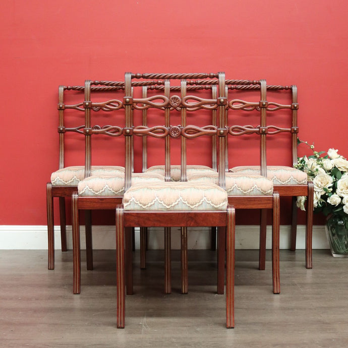 Set of 6 Dining Chairs, Kitchen Chairs with Brass Inlay and Carved Back Rails
