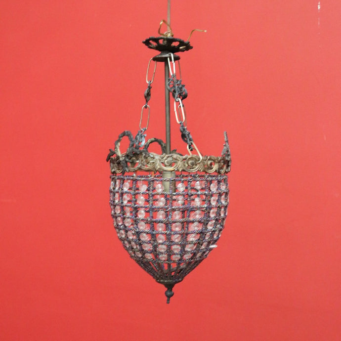 Vintage French Basket Chandelier, Brass, Glass and Beads, Ceiling Light Shade