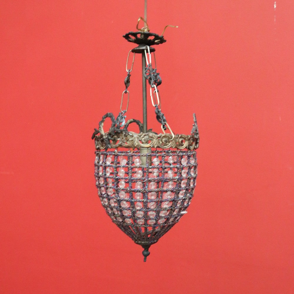 Vintage French Basket Chandelier, Brass, Glass and Beads, Ceiling Light Shade