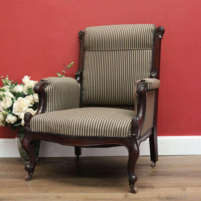 Antique English Grandfather Chair, Walnut and Fabric Grandfather Armchair Seat B10989