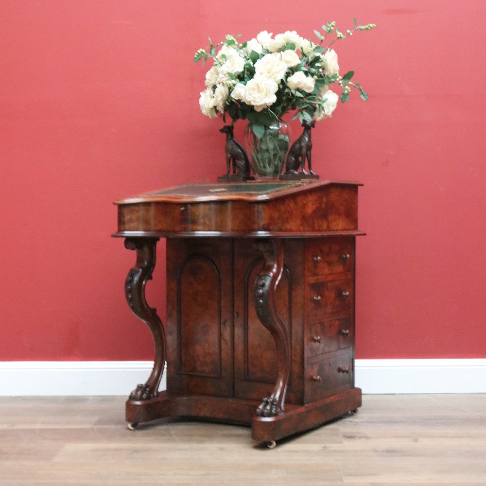 Antique English Davenport Leather Top Desk, Writing Desk, Storage Locks and Keys B11003