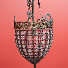 Load image into Gallery viewer, x SOLD Vintage French Basket Chandelier, Brass, Glass and Beads, Ceiling Light Shade. B10380
