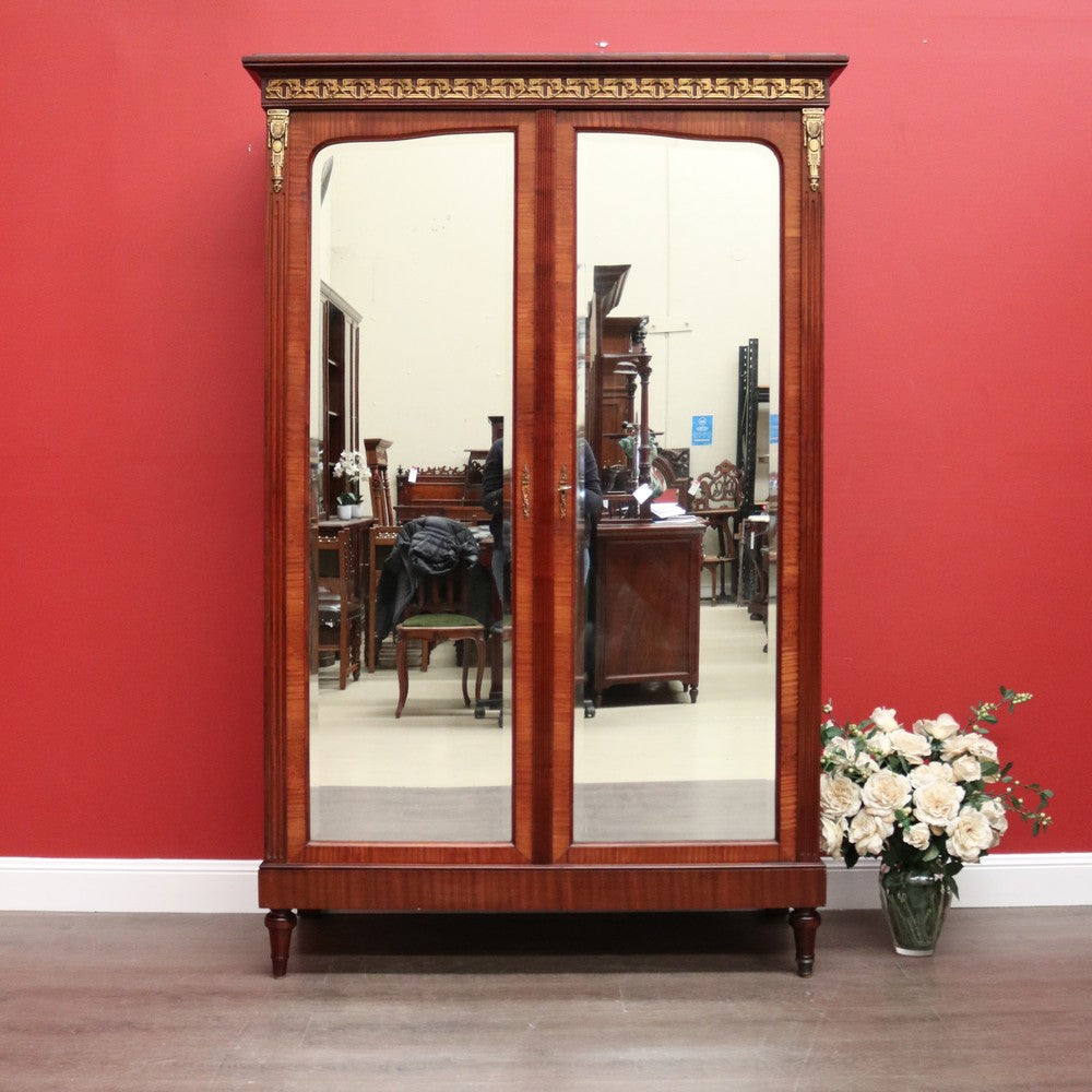 Antique French Walnut 2 Door Armoire Wardrobe, 2 Door Bevelled Mirror Wardrobe