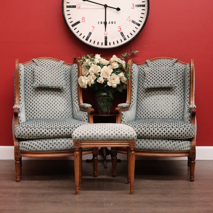 Pair of French Wing Back Armchairs and Foot Stool, High Back Lounge Chairs Stool B10514
