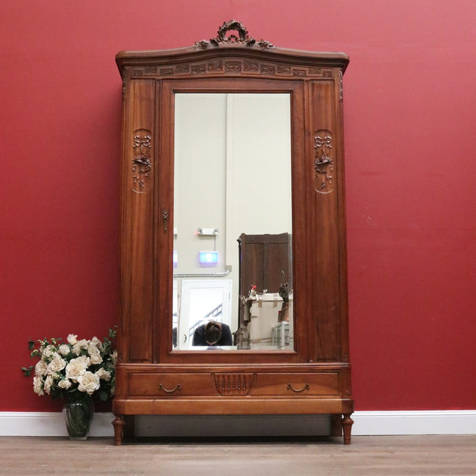 Antique French Armoire, French Walnut Linen Press, Hall Cabinet Bevelled Mirror B10830