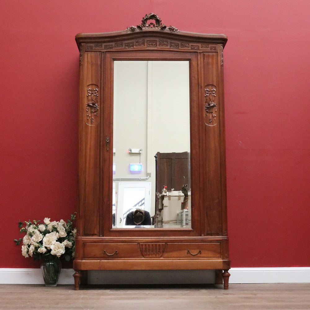 Antique French Armoire, French Walnut Linen Press, Hall Cabinet Bevelled Mirror B10830