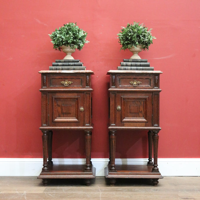 A Pair of Antique French Oak Bedside Cabinet Side Table, Lamp Tables Marble Tops B11133