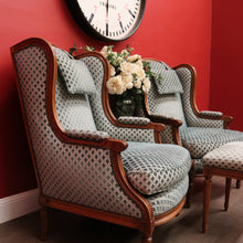 Load image into Gallery viewer, x SOLD Pair of French Wing Back Armchairs and Foot Stool, High Back Lounge Chairs Stool B10514
