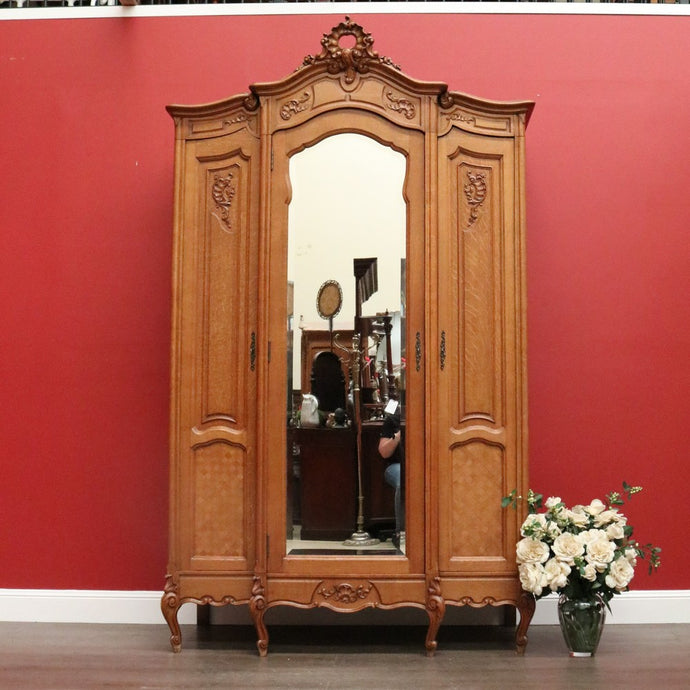Antique French Linen Press Armoire 3 Door Wardrobe, Bevelled Mirror Door 3 Keys B10302
