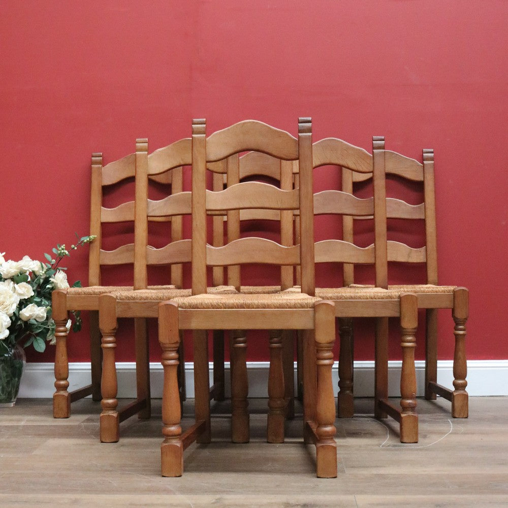 Antique French Dining Chairs x 6, Set of Six Antique French Oak and Rush Chairs B10958