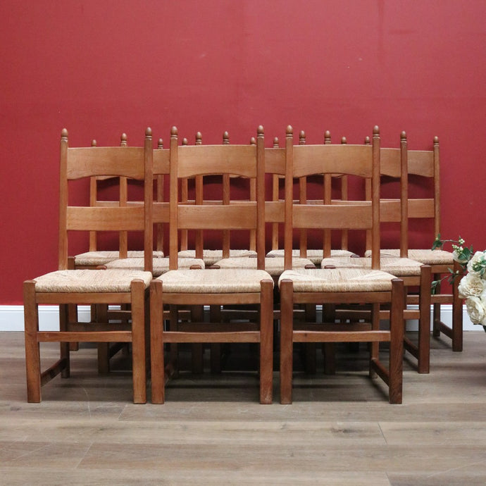 Ten Antique French Dining Chairs, Ladder Back Kitchen Chairs with Rush Seats B10944