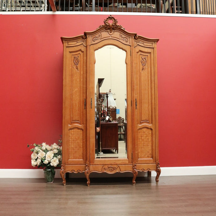 Antique French Armoire 3 Door Wardrobe, Bevelled Mirror Door Linen 3 Keys B10301