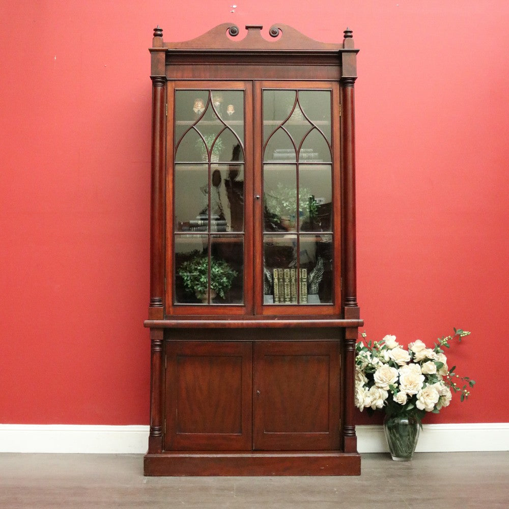 Antique English Mahogany Bookcase, 2 Section Bookcase with Cabinet Below