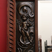 Load image into Gallery viewer, x SOLD Antique Oak and Pressed Brass Wall Mirror, Antique French Cupid Bevelled Mirror. B10417
