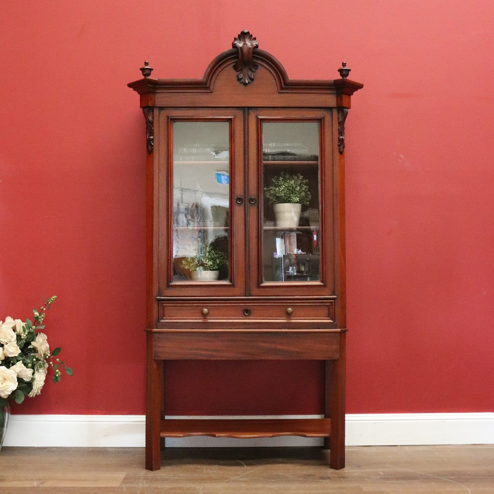 Antique Walnut 2 Door China Cabinet, Hall Cupboard, Bookcase with Drawer to Base B10970