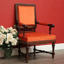 Load image into Gallery viewer, x SOLD Antique English Walnut Arm Chair, Office Chair, Desk or Hall Chair Velvet Fabric. B9714
