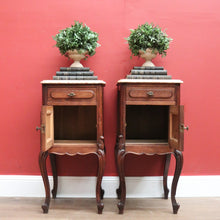 Load image into Gallery viewer, x SOLD Pair of Antique French Oak and Marble Top Bedside Tables Brass Handle Lamp Table B11027
