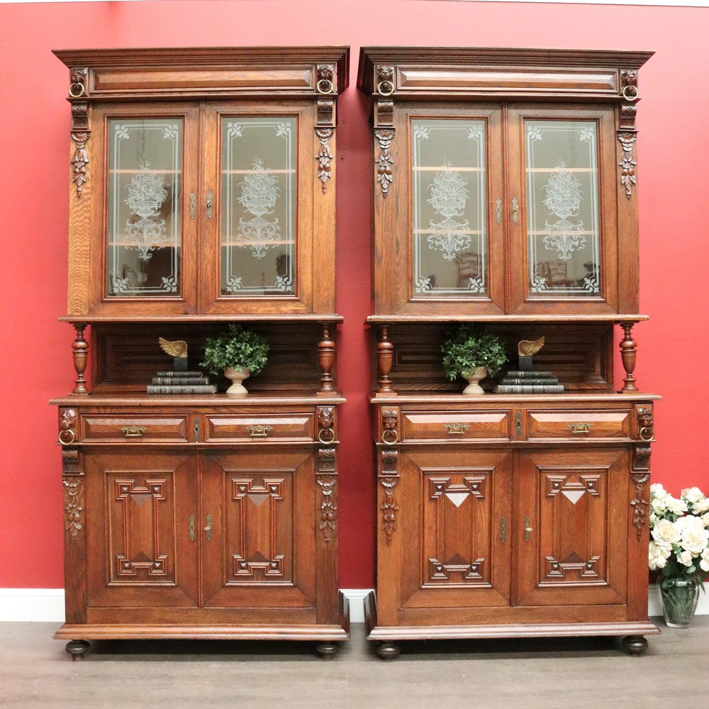 Pair of Antique French Oak 2 Height Cabinets, Bookcases, Sideboards Etched Glass B10508