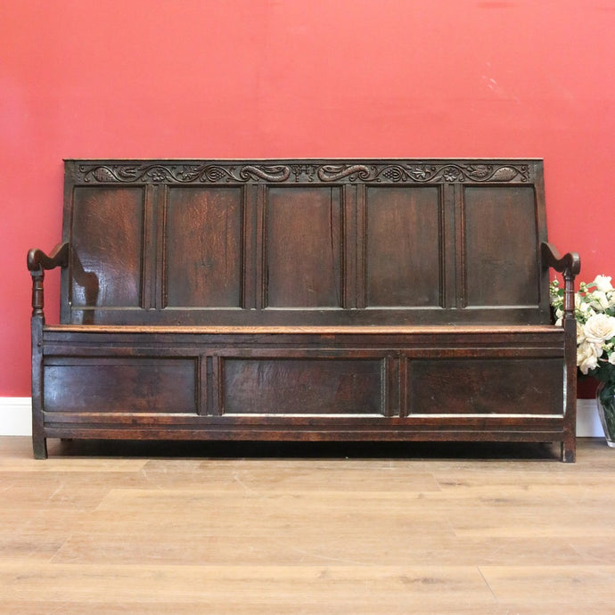 Antique Norwegian Country Farmhouse Oak Hall Settle, Bench Chair, Hall Seat B10911