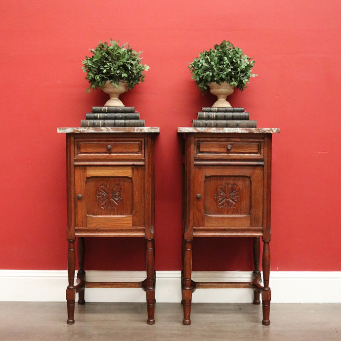 Bedside Tables, Antique French Oak Bedsides, Lamp Cabinet Hall Tables Marble Top B10487