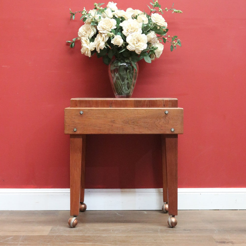 x SOLD Vintage Oak Butchers Block Table, Lamp Table, Hall, Bedside Table Parquetry Top. B11277