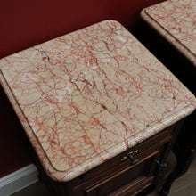 Load image into Gallery viewer, x SOLD Pair of Antique French Oak and Marble Top Bedside Tables Brass Handle Lamp Table B11027
