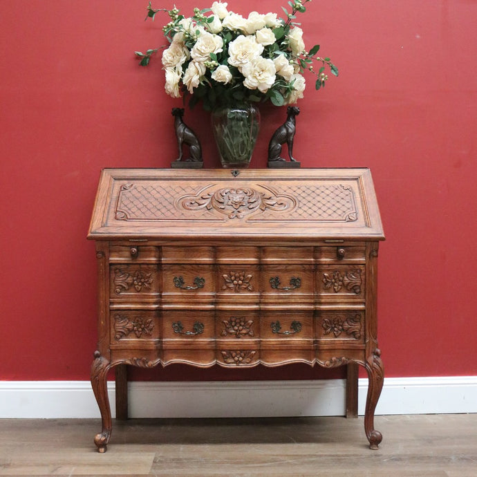 Antique French Oak Desk, French Oak Two Drawer Drop Front Writing Bureau Desk B11045