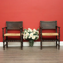 Load image into Gallery viewer, Pair of Antique French Oak and Rush Seats Hall Chairs Dining Armchairs Carvers
