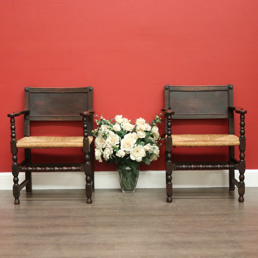 Pair of Antique French Oak and Rush Seats Hall Chairs Dining Armchairs Carvers