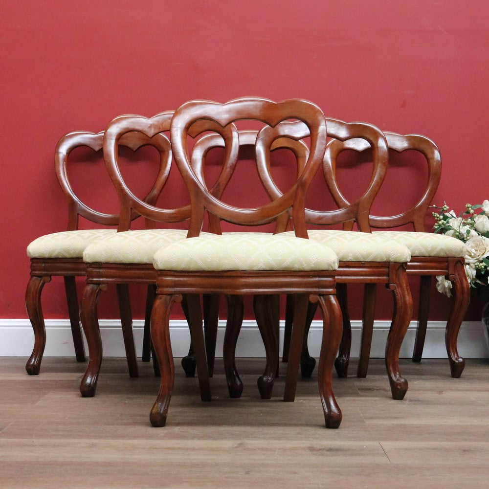 x SOLD 6 Antique English Dining Chairs, Shell Balloon Back Kitchen Chairs, Fabric Seats B10824