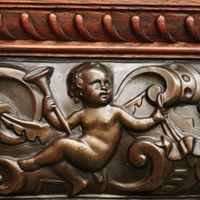 Load image into Gallery viewer, x SOLD Antique Oak and Pressed Brass Wall Mirror, Antique French Cupid Bevelled Mirror. B10417

