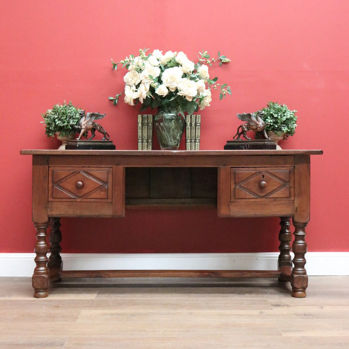 Antique French Brittany Cherrywood 2 Drawers Office Writting Desk Hall Foyer Table with Stretcher Base B10724