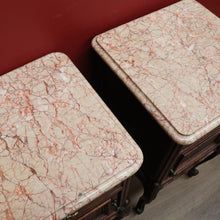 Load image into Gallery viewer, x SOLD Pair of Antique French Oak and Marble Top Bedside Tables Brass Handle Lamp Table B11027
