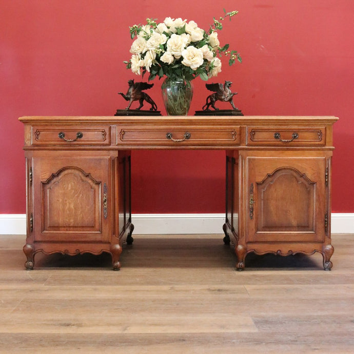 Antique French Oak Desk, Office Desk, Free Standing Twin Pedestal Desk B10909