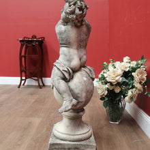 Load image into Gallery viewer, x SOLD French Cast Concrete Musical Putti Garden Ornament, Seated on a Sphere Plinth. B11284
