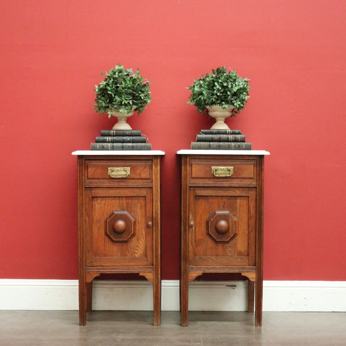 Pair of Antique French Bedside Cabinet Oak and Marble Lamp Side Tables Cupboards. B10202