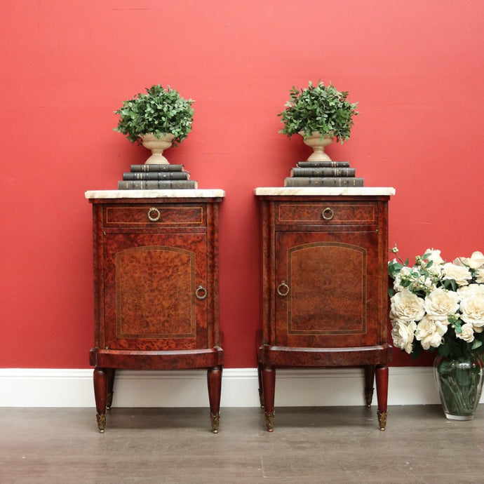 Antique French Bedside Cabinet, Burr Walnut, Marble and Brass Lamp Side Tables.  Matching Pair of Left and Right opening. Imported into Australia from France.