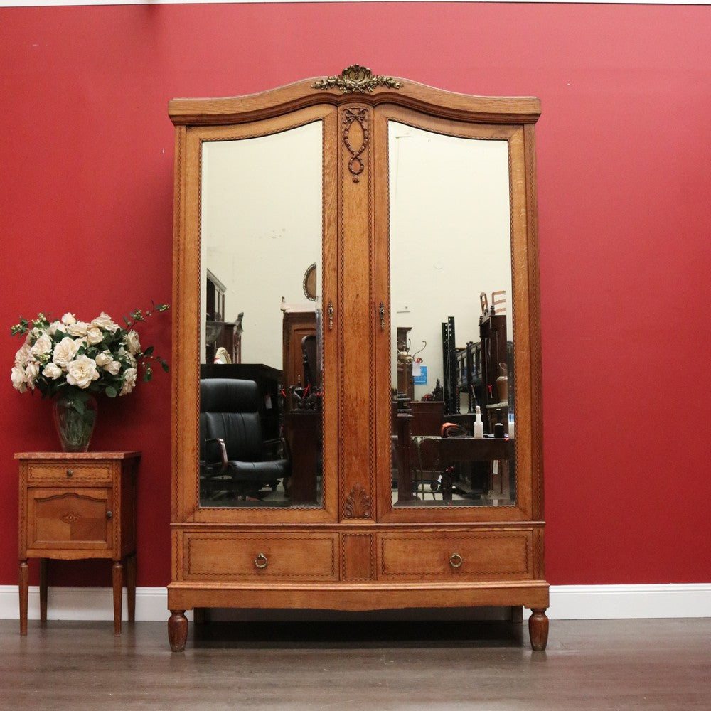 Wardrobe, Armoire, Antique French Oak and Mirror Wardrobe Armoire Gilt Brass B10467