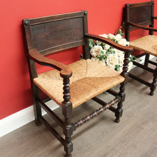 Load image into Gallery viewer, x SOLD Pair of Antique French Oak and Rush Seats Hall Chairs Dining Armchairs Carvers. B10258
