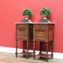 Load image into Gallery viewer, x SOLD Pair of Antique French Bedside Tables, French Oak and Marble Top Lamp Tables B10774
