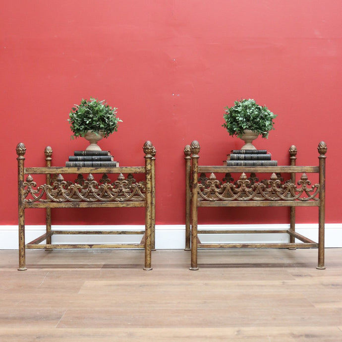 Vintage Pair of Square French Lamp Side Tables with Glass inserts made from Wrought Iron B10717