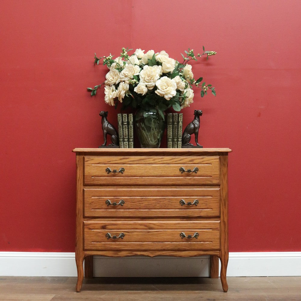 x SOLD Vintage French Chest of Drawers, French Oak and Brass 3 Drawer Hall Cupboard B10807
