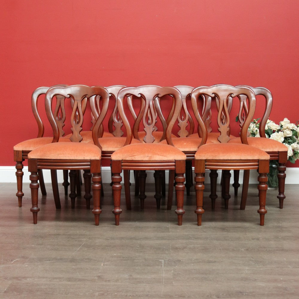 Set of 10 Antique English Mahogany Dining Chairs, Kitchen Chairs Velvet Seats
