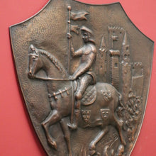 Load image into Gallery viewer, x SOLD Antique French Copper Wall Plaque, Embossed Copper Shield, Knight, Horse, Castle B10507
